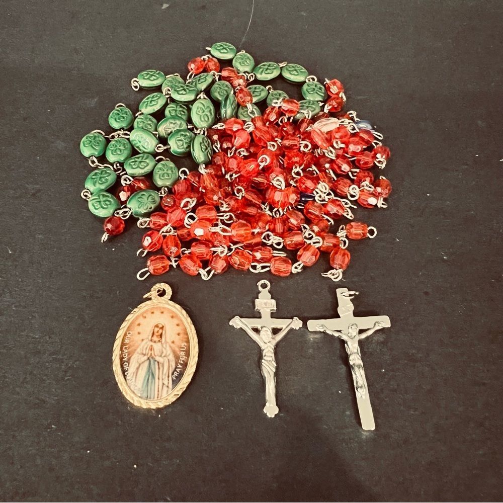 Red and Green Rosary Beads with Crucifixes